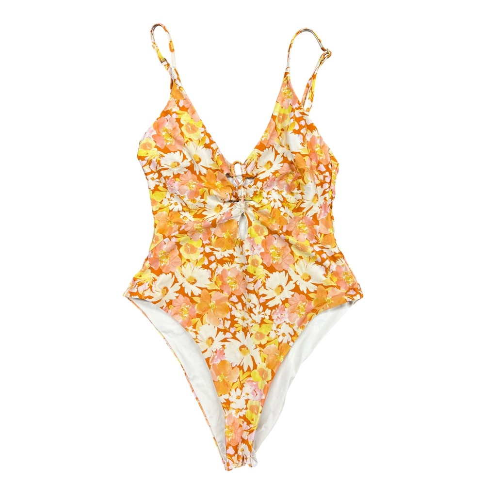 L*Space‎ Topanga Cutout One-Piece Swimsuit Orange Floral Retro Daisy Medium